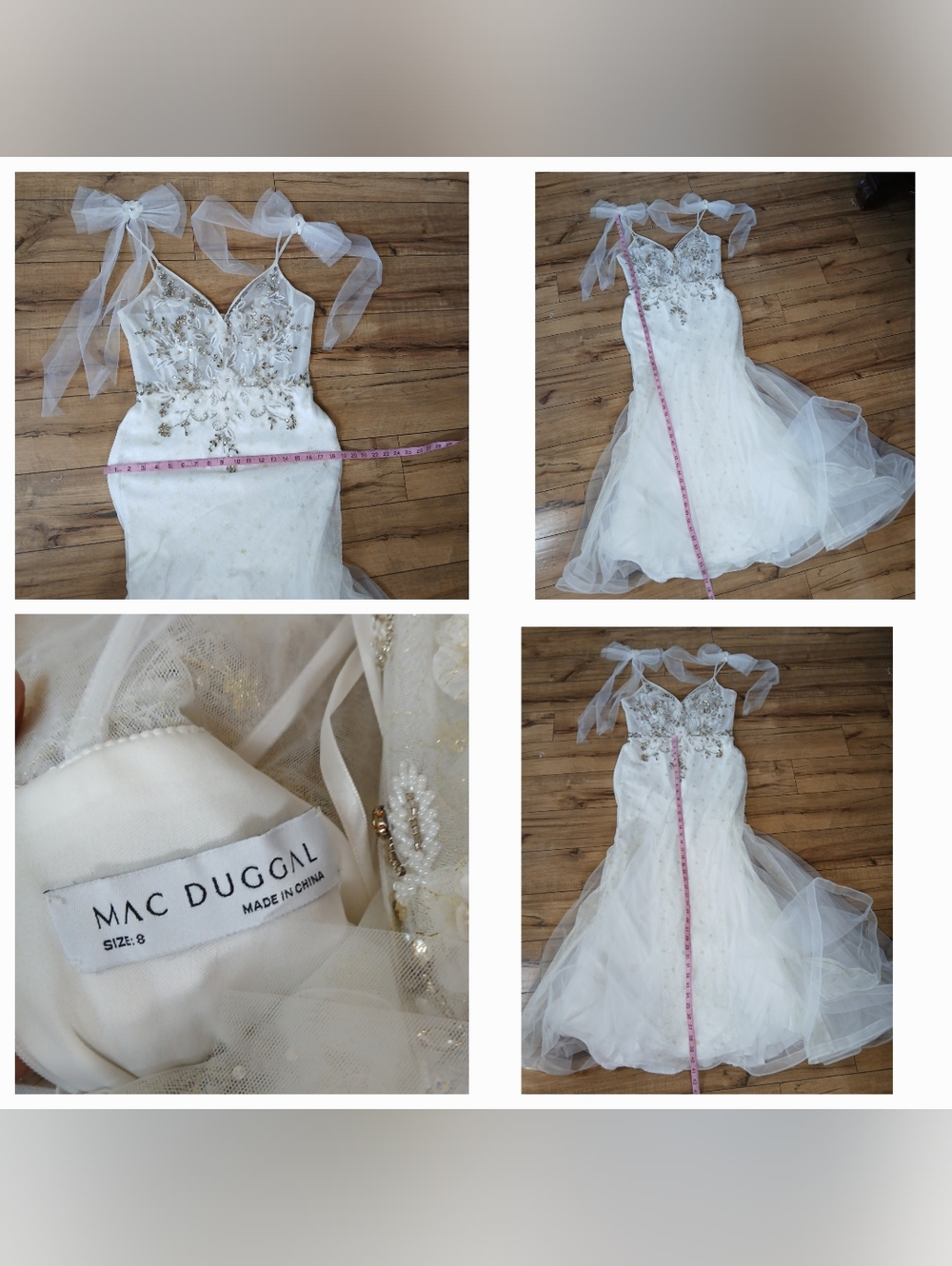 Mac Duggal White And Gold Crystals Tulle Bridal Mermaid Gown with Bow Straps - Picture 13 of 16